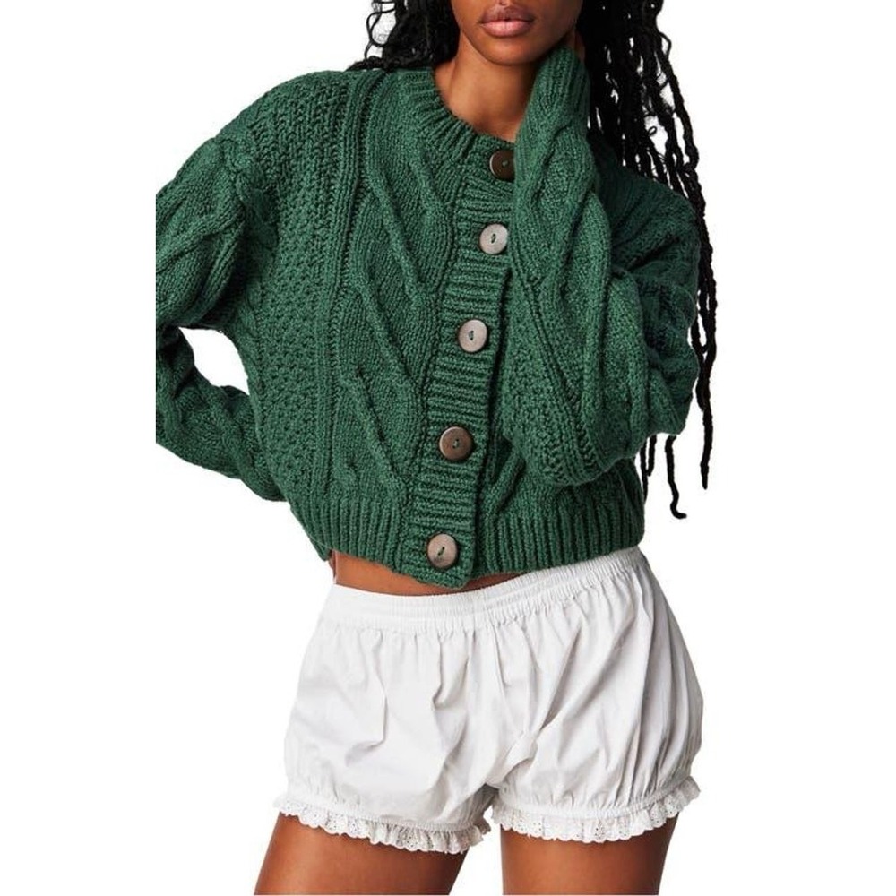 Free People Bonfired Chunky Cable Knit Cardigan in Forest Green | Size Small